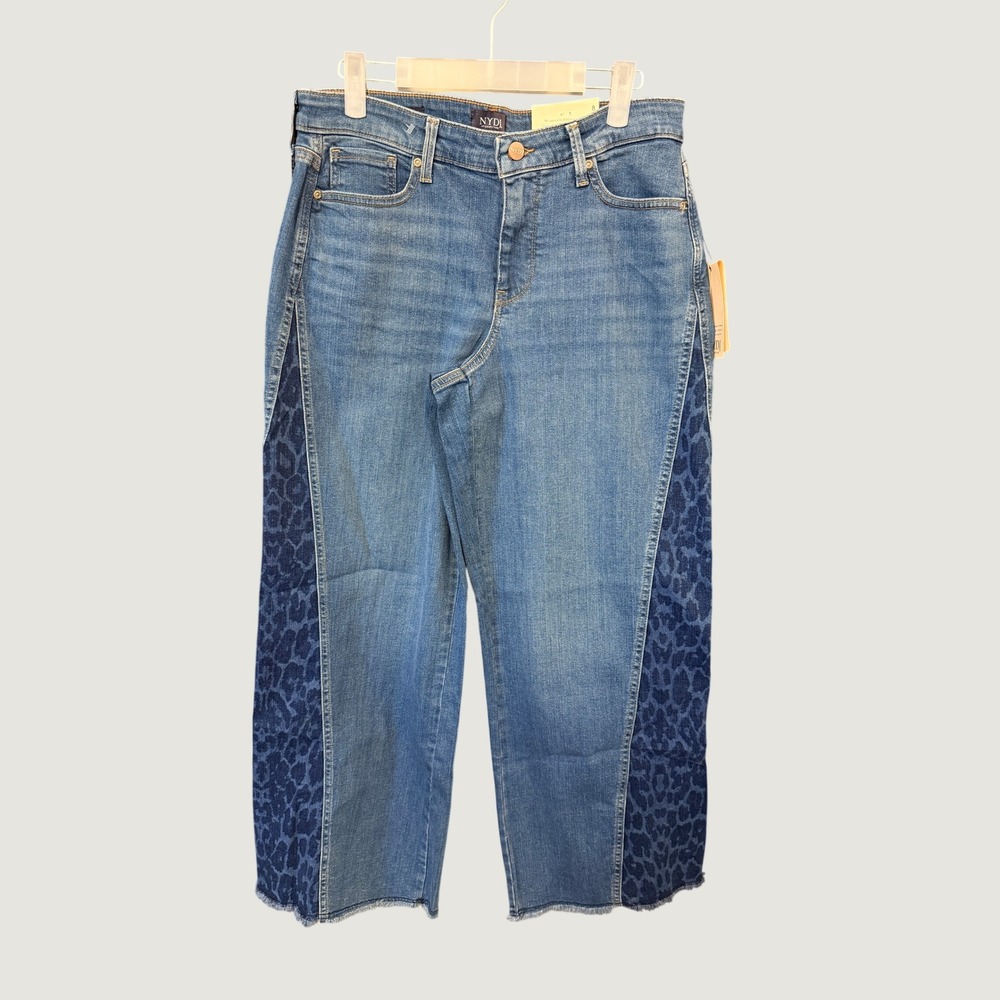 NYDJ Teresa Wide Leg Jeans Womens 8 Blue Leopard Contrast Side Panel MPLGKT9187